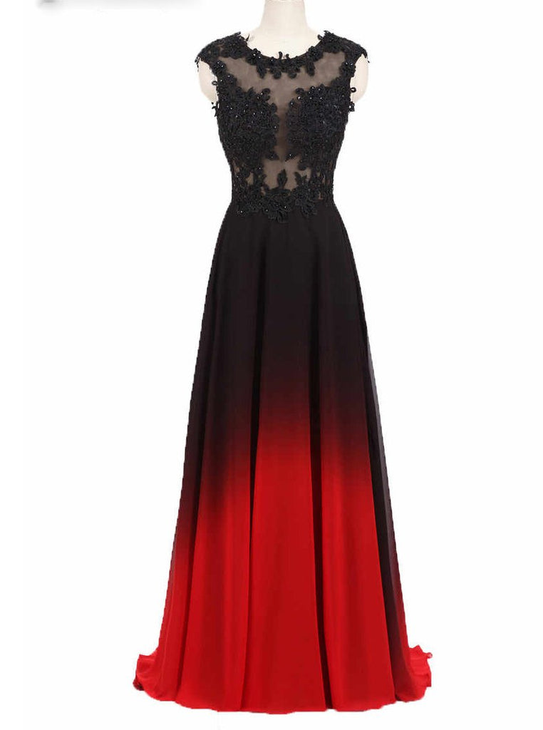 round neck lace applique top chiffon black red ombre prom formal dresses