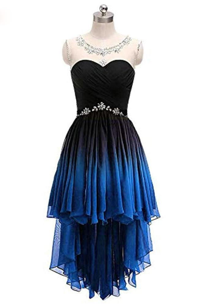 ombre short prom dresses scoop chiffon beading high low party dress