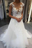 Delicate Boho Wedding Dresses Sheer Round Neck Tulle Bridal Gowns PW131