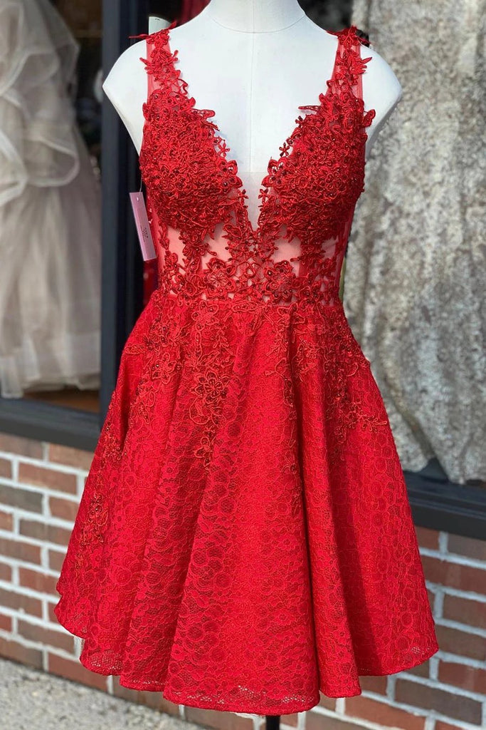 a line v neck lace red homecoming dress short lace party dress