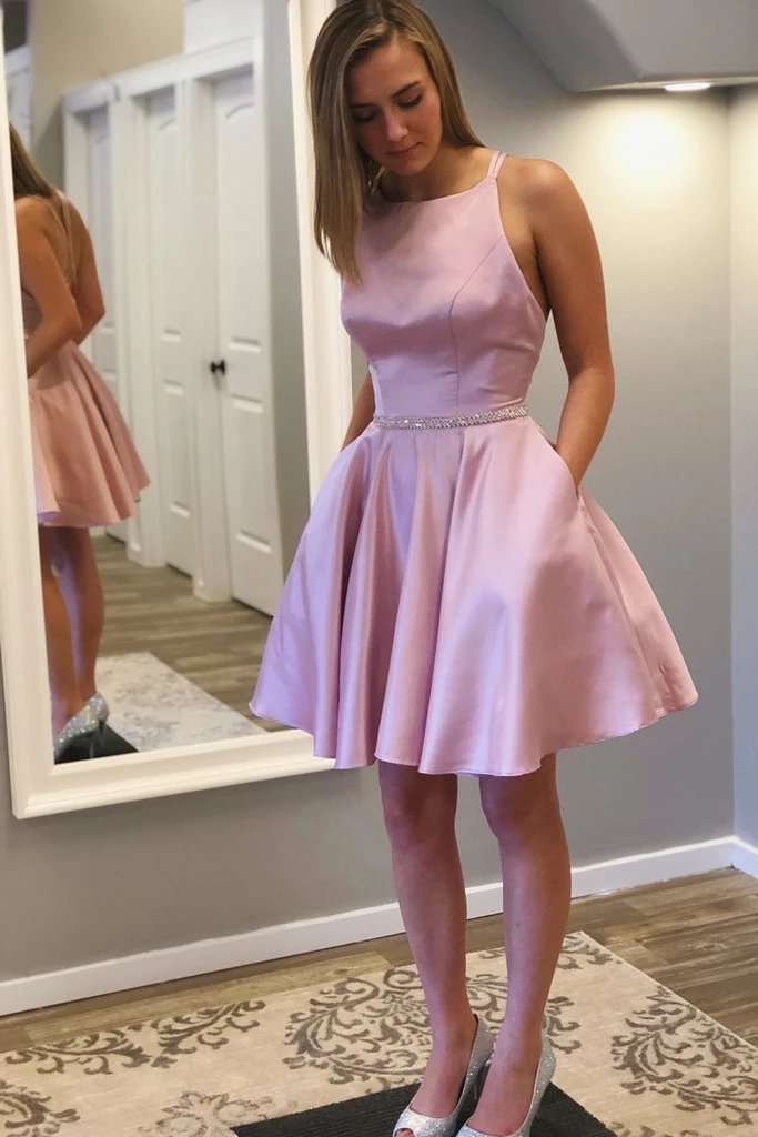 round neck beading waist short pink homecoming dress with pockets