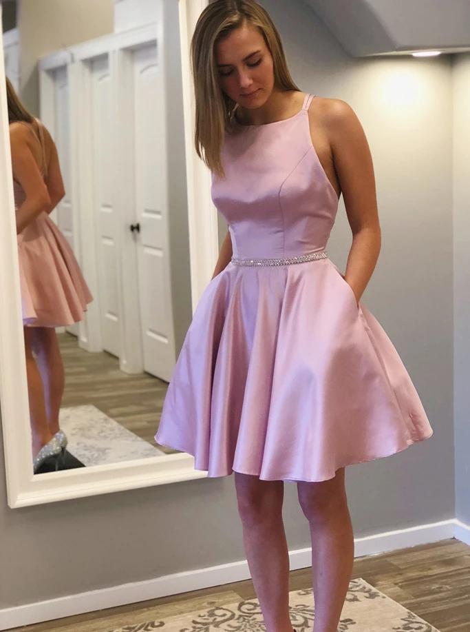 round neck beading waist short pink homecoming dress with pockets