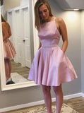 Round Neck Beading Waist Short Pink Homecoming Dress with Pockets GM25