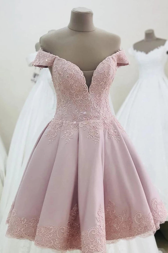 off shoulder pink short homecoming dress with lace appliques