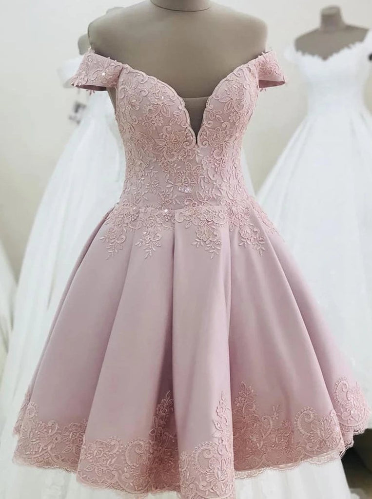 off shoulder pink short homecoming dress with lace appliques