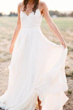 Simple Spaghetti Strap Chiffon Beach Wedding Dresses with Split PW144