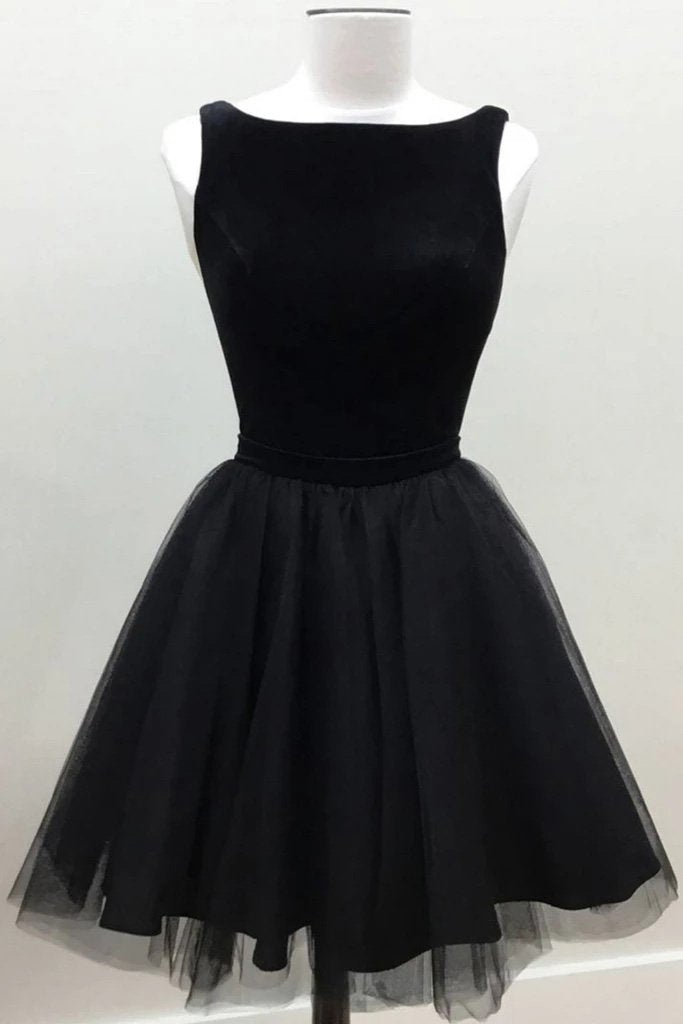 A-line Jewel Prom Dress Short Black Tulle Homecoming Dresses GM19