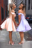 simple satin short homecoming dress a line off shoulder short prom dress