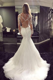 Mermaid V-neck Long Sleeve Appliques Wedding Dresses With Sheer Back PW79
