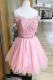 off shoulder pink homecoming dress with beading appliques short sweet 16 dress