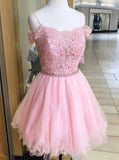 Off Shoulder Pink Homecoming Dress With Beading, Appliques Short Sweet 16 Dress GM93