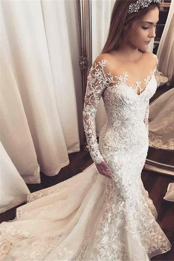 Sexy Mermaid Long Sleeve Lace Applique Wedding Dresses With Beading PW133