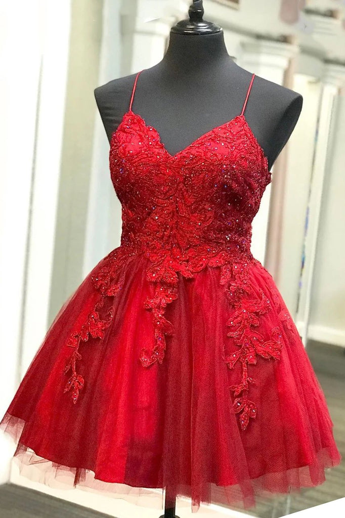 strappy short homecoming dresses lace applique red short prom dress