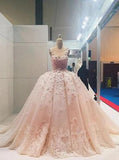 Sheer Round Neckline Pink Lace Applique Wedding Dresses Quinceanera Dress PW145