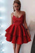 spaghetti strap lace short red homecoming dress with satin ruffled