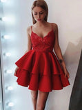 Spaghetti Strap Lace Short Red Homecoming Dress With Satin Ruffled GM50