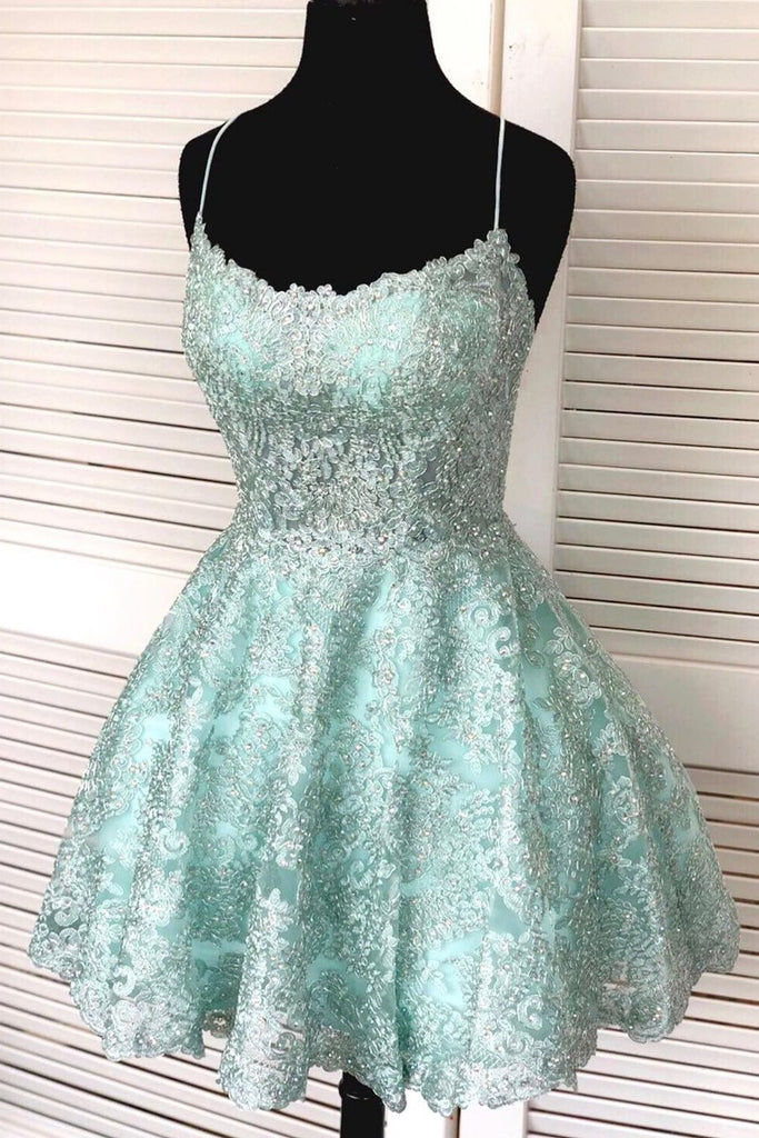 spaghetti straps mint green short lace backless homecoming dresses