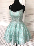 Spaghetti-straps Mint Green Short Lace Backless Homecoming Dresses GM52