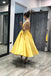 yellow a line tea length homecoming dress sinple short prom dress