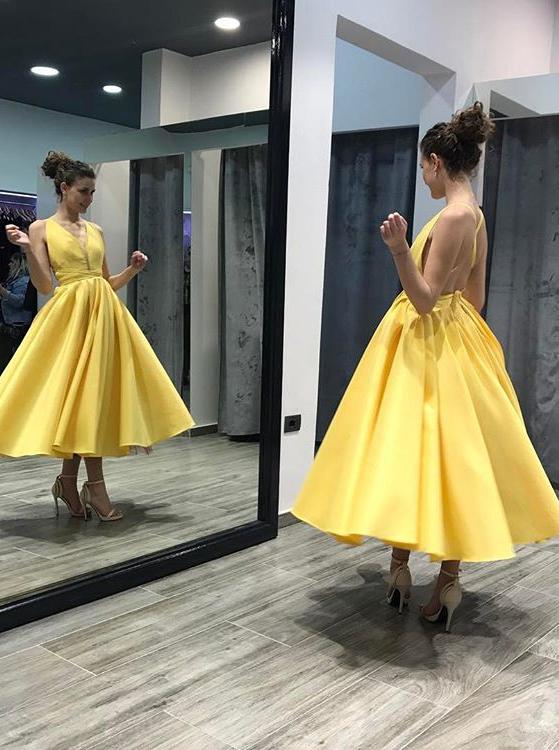 Elegant Yellow A-line Tea Length Homecoming Dress with Criss Cross GM56