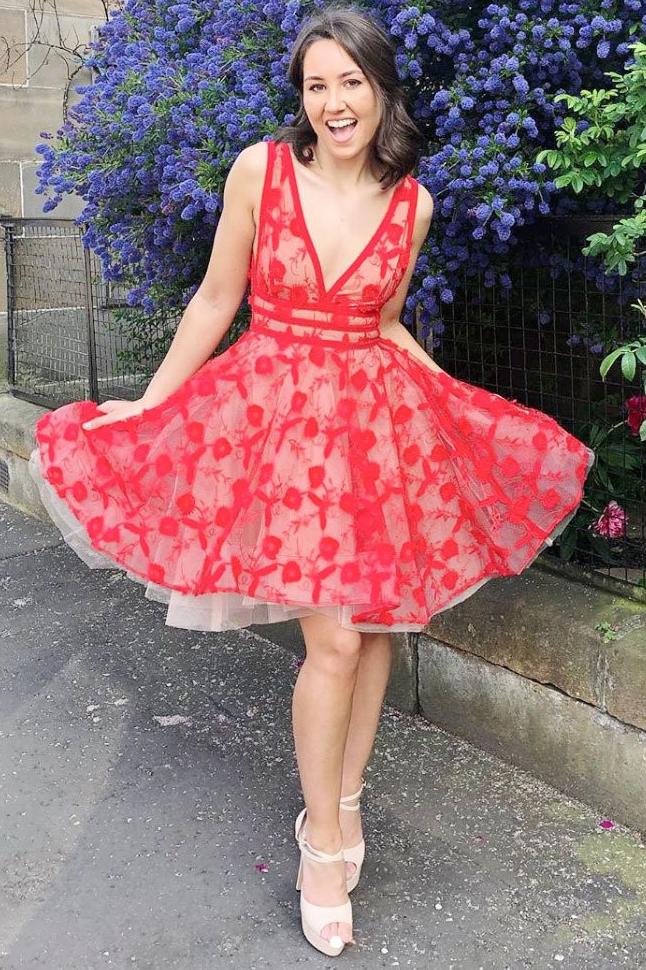 v neck lace red homecoming dresses short prom dress