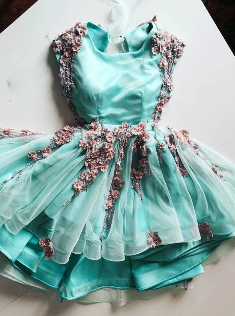 mint green tulle short prom homecoming dresses with 3d applique