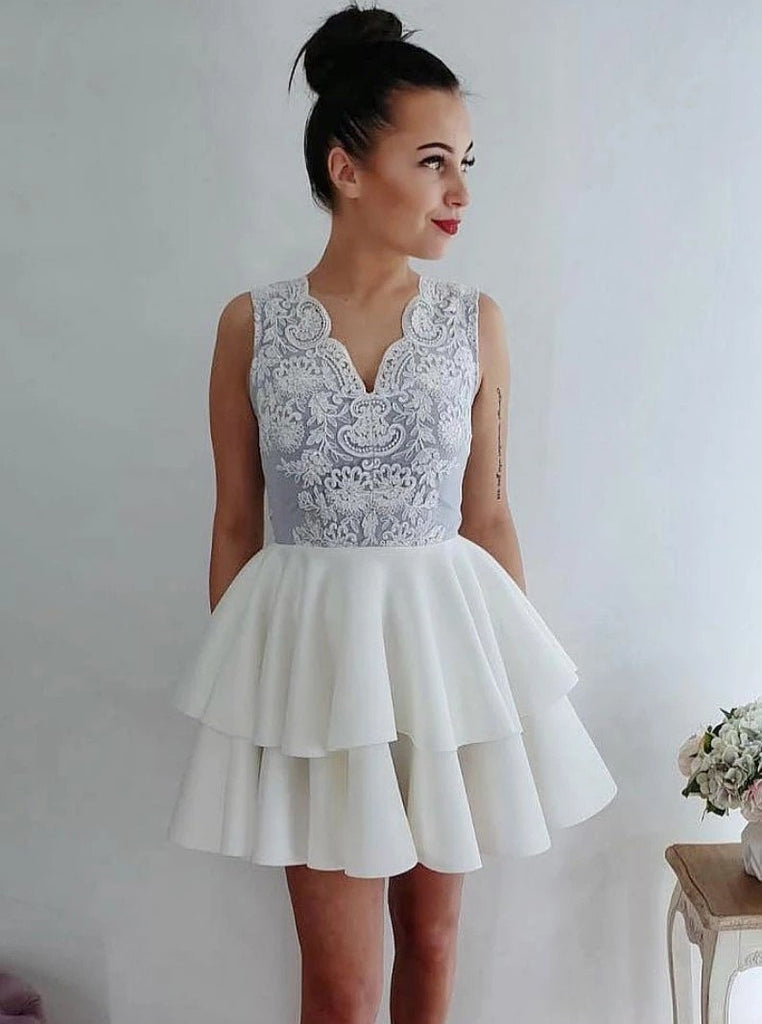 v neck short cocktail dresses appliques homecoming dress with layers