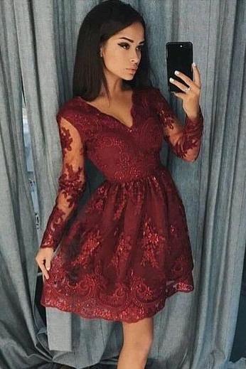burgundy homecoming dresses long sleeve lace short prom dress