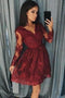 Burgundy Homecoming Dresses Long Sleeve Lace Short Prom Dress GM42