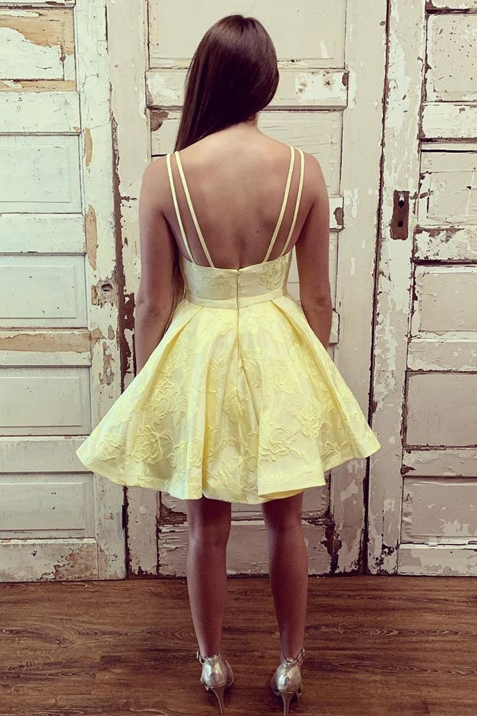 double straps v neck yellow short prom dress homecoming dresses