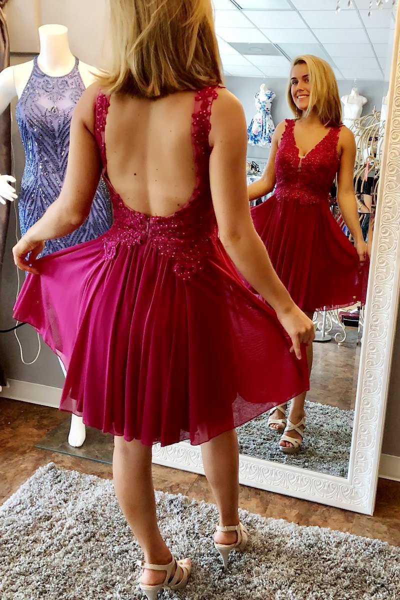 Fuchsia Chiffon Homecoming Dresses Backless Short Prom Dress With Appliques GM59
