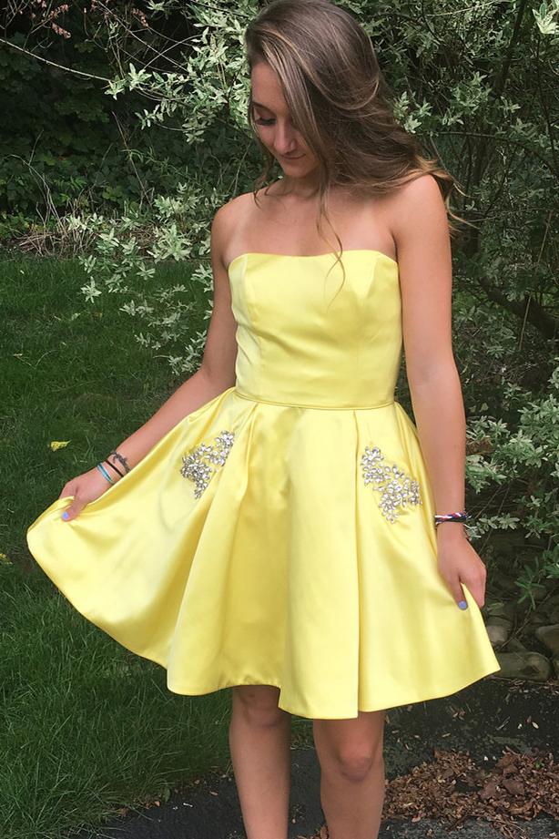 daffodil strapless short homecoming dresses with beading pockets