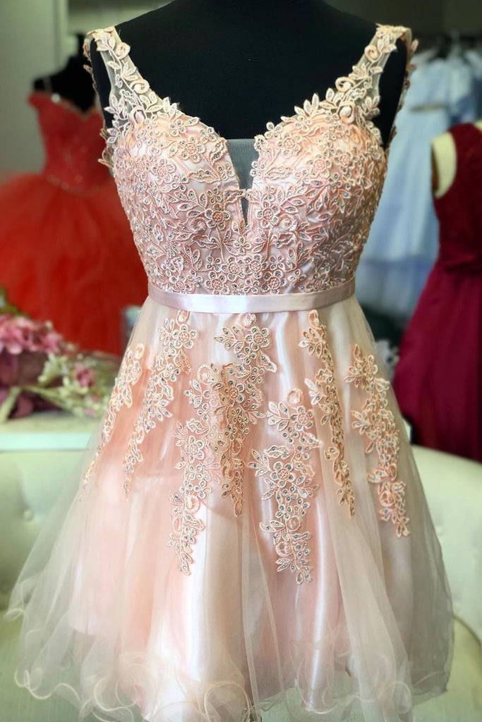 cute a line short pink homecoming dress with lace appliues
