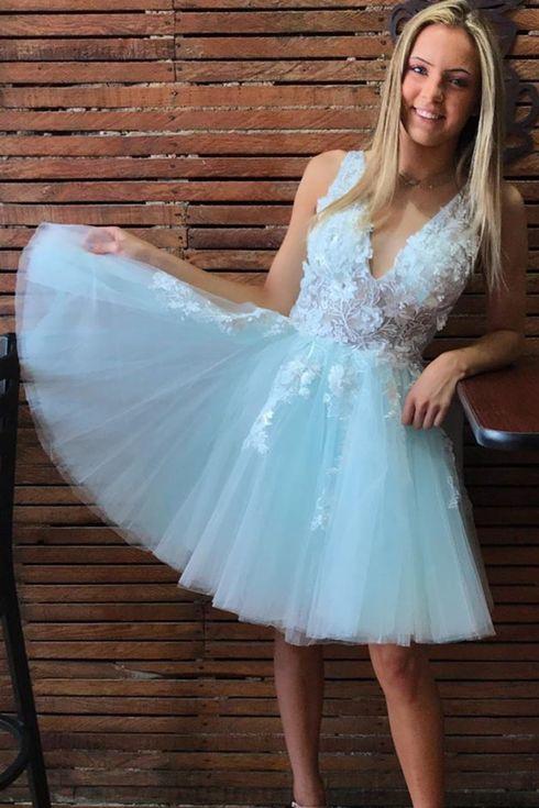 v neck tulle mint green short prom homecoming dresses with appliques