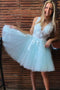 V-neck Tulle Mint Green Short Prom Homecoming Dresses With Appliques GM34