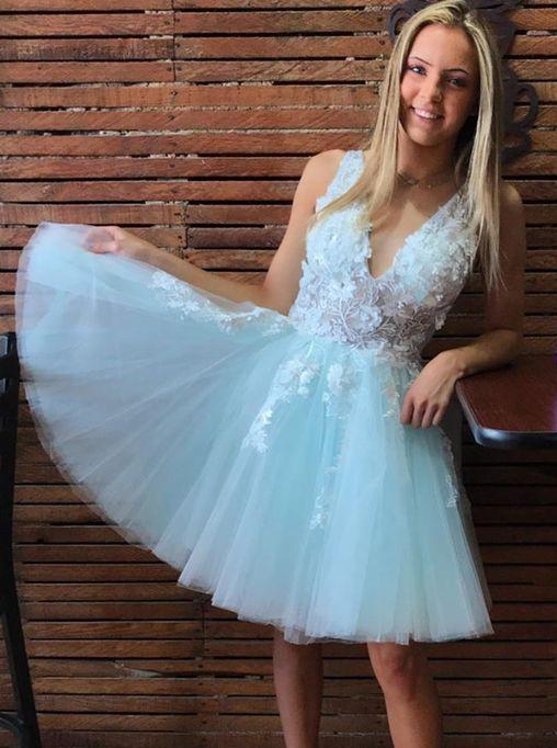 V-neck Tulle Mint Green Short Prom Homecoming Dresses With Appliques GM34