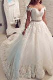 Off Shoulder V-neck Ball Gown Appliques Wedding Dresses With Beading PW77