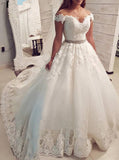 Off-Shoulder Ball Gown Wedding Dresses, V-neck Applique Beading Tulle Bridal Gown PW13