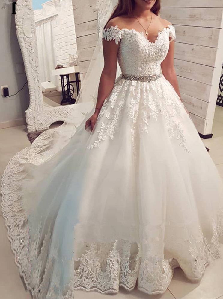 Off Shoulder V-neck Ball Gown Appliques Wedding Dresses With Beading PW77