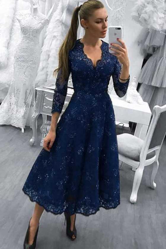 Long Sleeve Navy Blue Evening Dresses For Women Lace Party Dress MP223