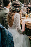 Flowy Long Sleeve Lace Backless Wedding Dresses Beach Chiffon Bridal Gown PW150