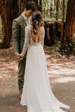 Flowy Long Sleeve Lace Backless Wedding Dresses Beach Chiffon Bridal Gown PW150