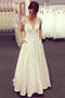 A-line V-neck Lace Top Ivory Wedding Dresses Satin Skirt With Pockets PW152