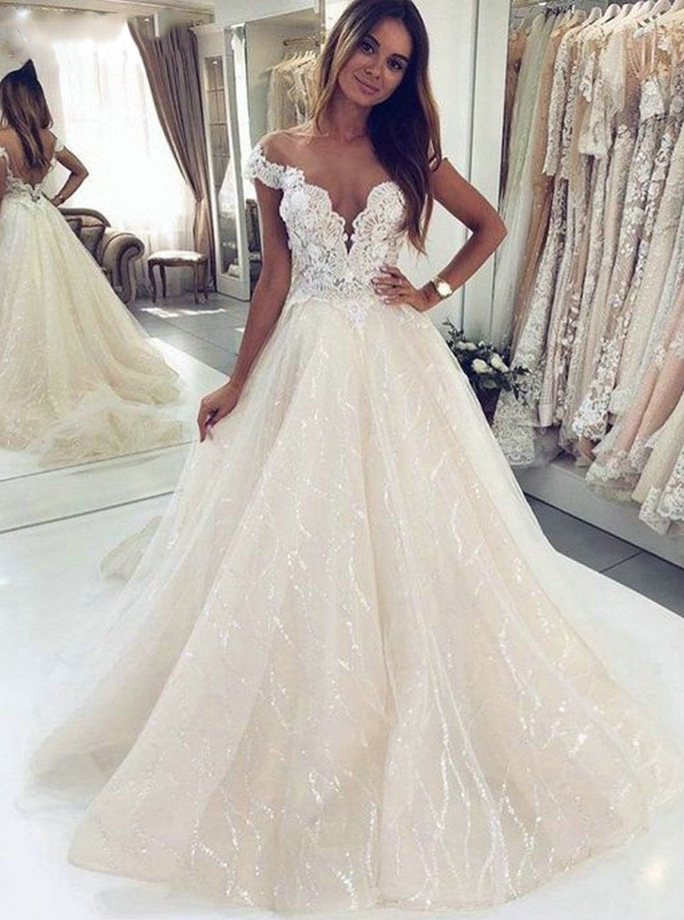 Off Shoulder Lace Beach Wedding Dress with Sequined Appliques PW127
