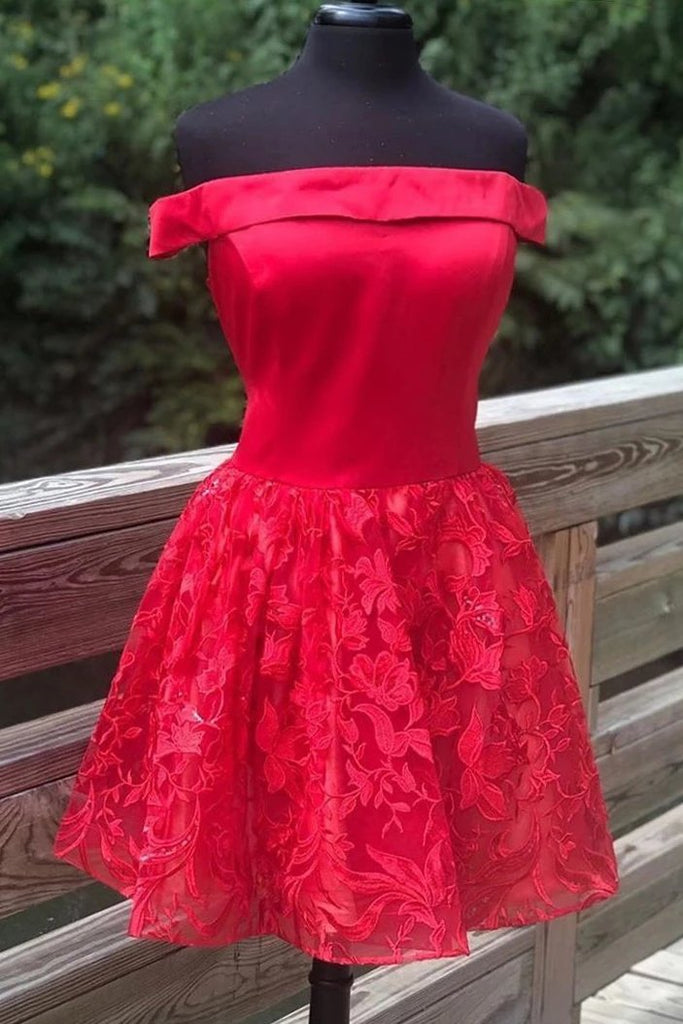a line off shoulder satin red homecoming dress with lace applique