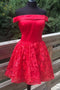 A-line Off Shoulder Satin Red Homecoming Dress With Lace Applique GM61