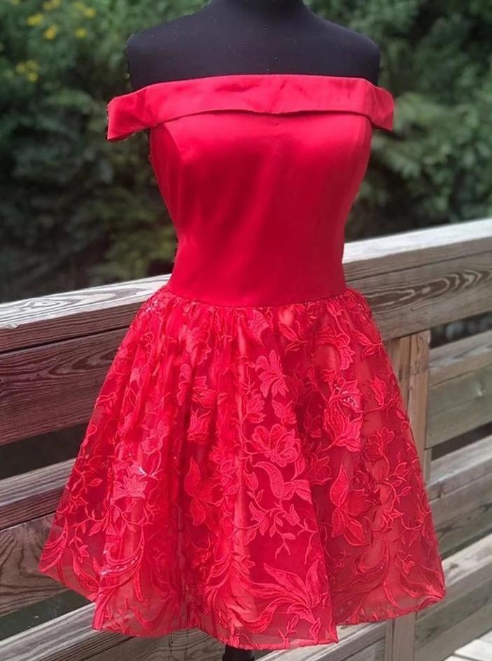 a line off shoulder satin red homecoming dress with lace applique