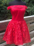 A-line Off Shoulder Satin Red Homecoming Dress With Lace GM61