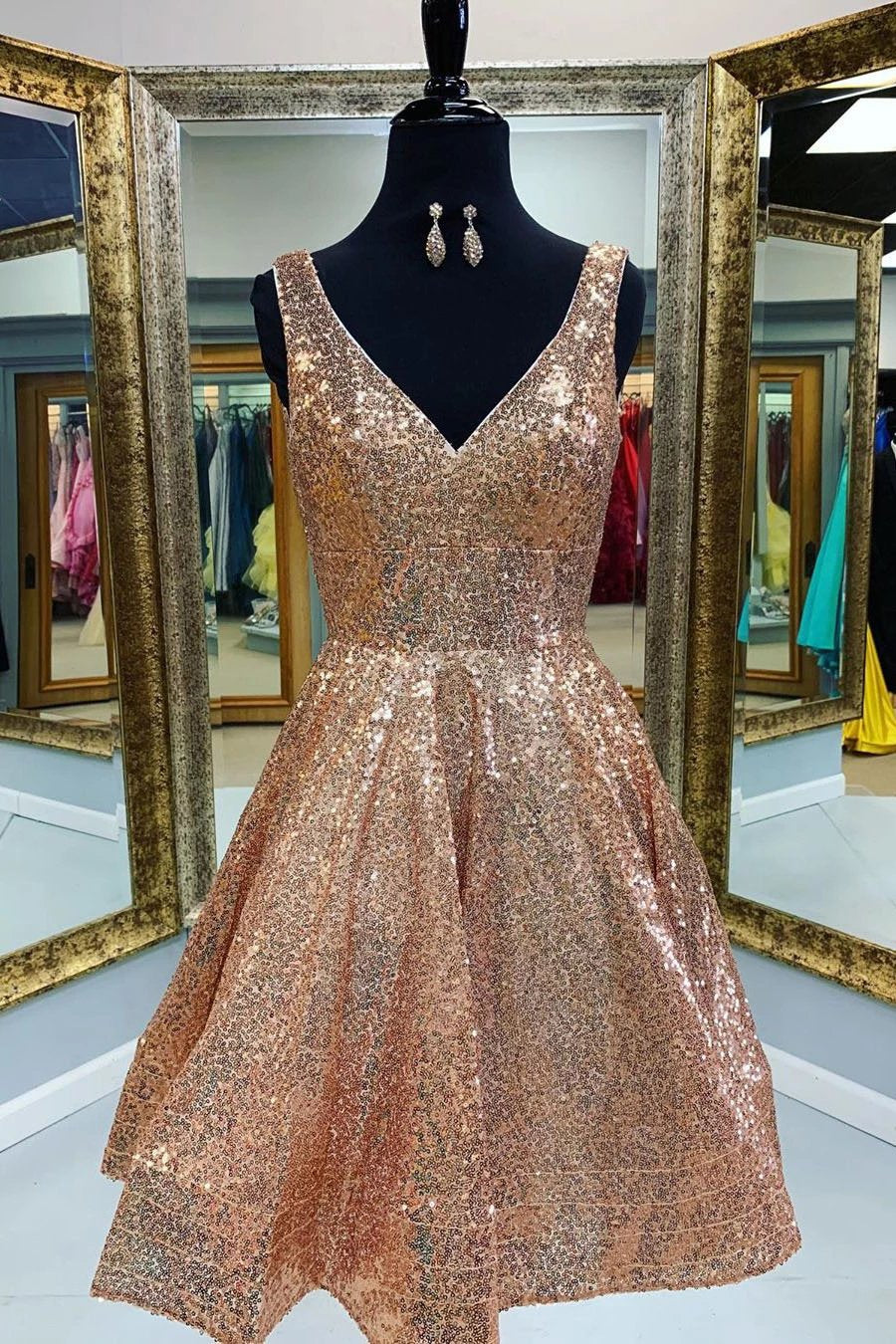 A-line V-Neck Sequins Short Prom Dress, Gold Homecoming Dress GM79
