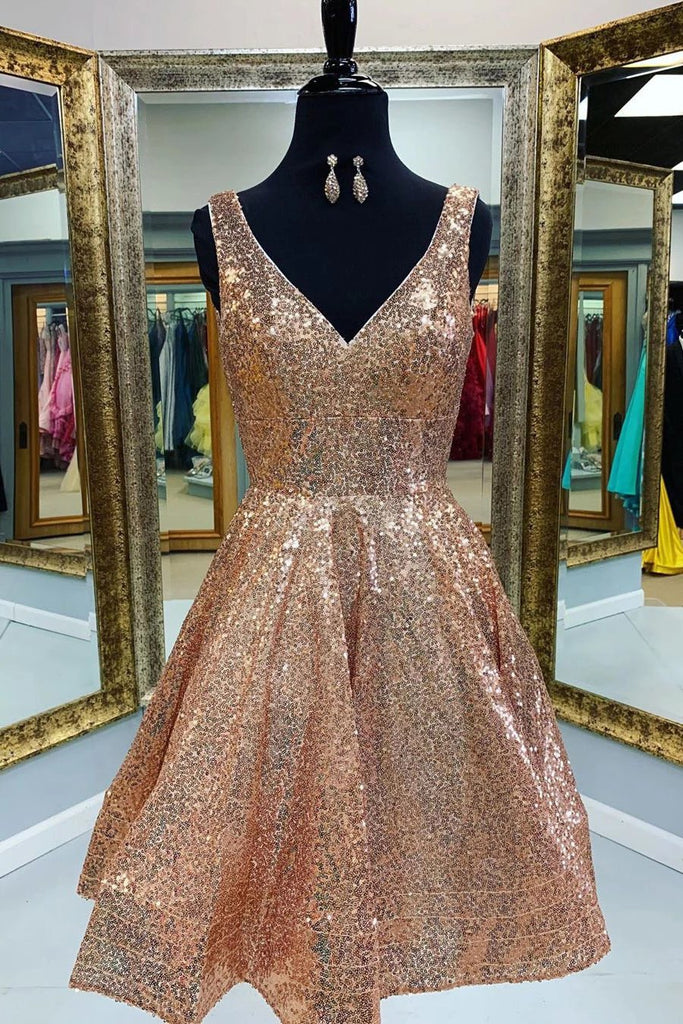 a line v neck sequins short prom dress gold homecoming dress